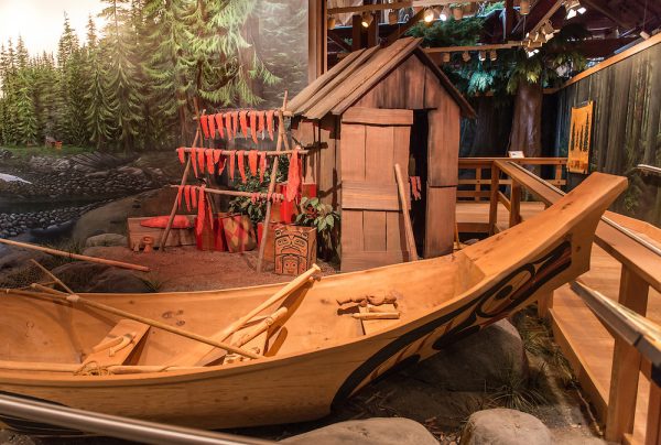 Replica Native American fish camp exhibit inside the Southeast A